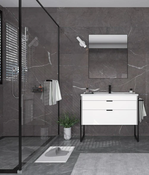 Orka Trio 80 cm MDF Çekmeceli Beyaz Ayaklı Banyo Dolabı Takımı ürün görseli 1