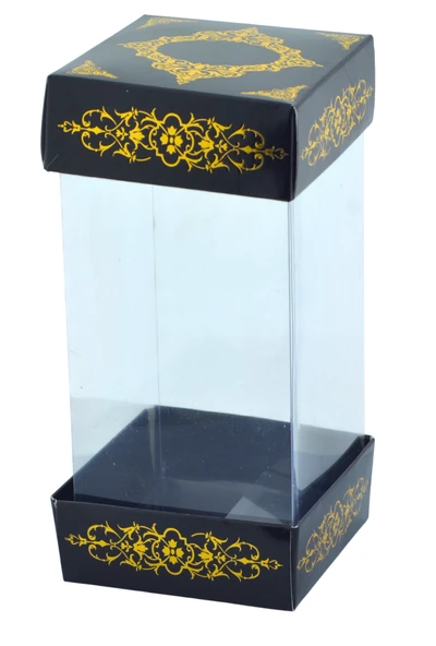 Hediyelik Alt Üst Karton Kapak Siyah Gold Varaklı Arası Asetat Kutu (8CMX8CMX16.5CM) ürün görseli 1
