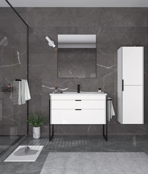 Orka Trio 80 cm MDF Çekmeceli Beyaz Ayaklı Banyo Dolabı Takımı ve Boy Dolabı ürün görseli 1