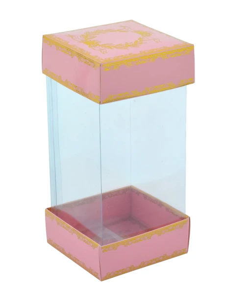 Hediyelik Alt Üst Karton Kapak Pembe Gold Varaklı Arası Asetat Kutu (8CMX8CMX16.5CM) ürün görseli 1