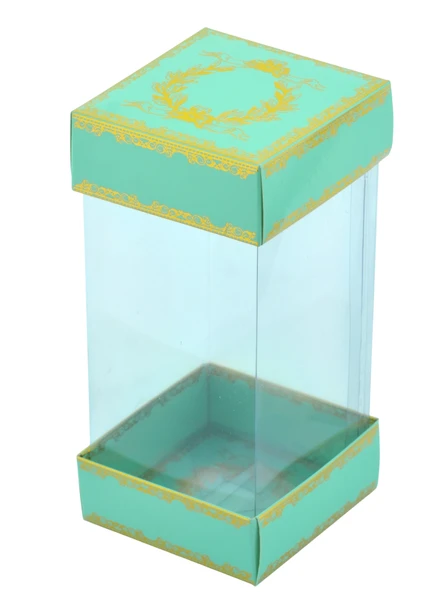 Hediyelik Alt Üst Karton Kapak Yeşil Gold Varaklı Arası Asetat Kutu (8CMX8CMX16.5CM) ürün görseli 1