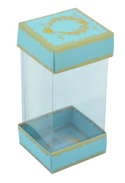 Hediyelik Alt Üst Karton Kapak Mavi Gold Varaklı Arası Asetat Kutu (8CMX8CMX16.5CM) ürün görseli 1