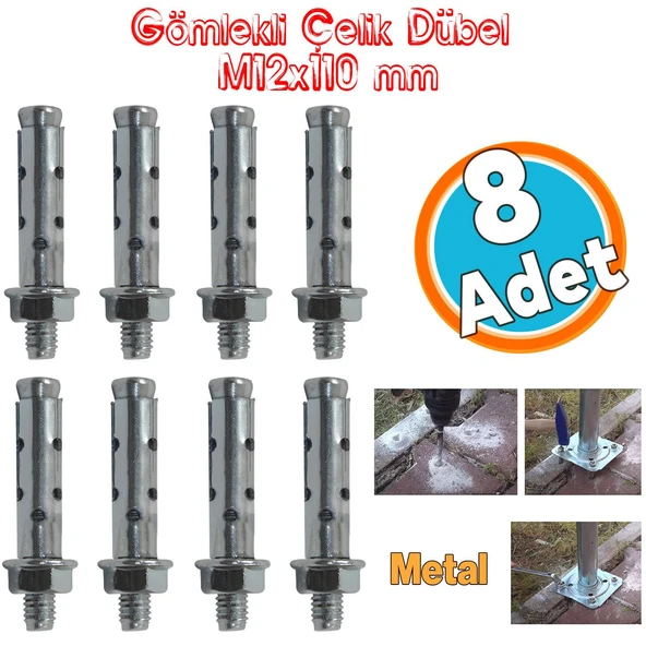 Saplamalı Gömlek Çelik Dübel Raf Montaj Bağlantı Zemin Monte Tavan Beton Asma Aparat M12x110 mm 8 Adet ürün görseli 1