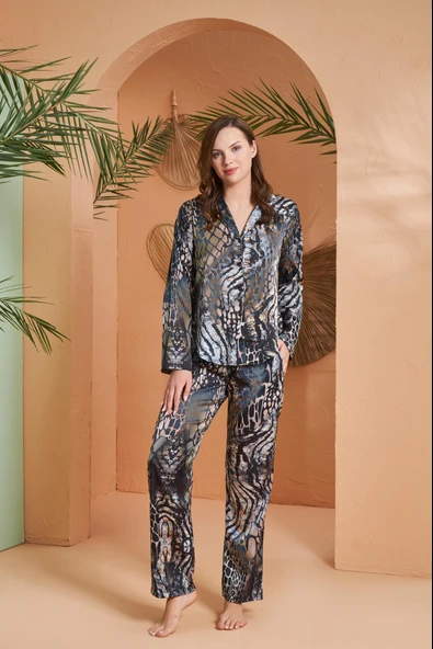 Gd Goldoremi Premium Seri Kadın Özel Kutulu Rahat Kesim Saten Önden Düğmeli Uzun Kollu Pijama Takım ürün görseli 1