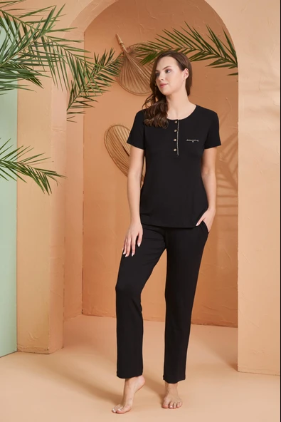 Pjs Dreaming Kadın Gold Detaylı Yaka Düğmeli Kısa Kol Pijama Takım ürün görseli 1