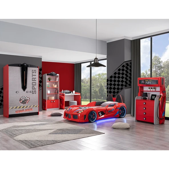 Çocuk Odası - Audi Koltuklu Arabalı Yatak - Sport 3 Kapılı Dolap, Masa, Şifonyer, Kitaplık- Kırmızı ürün görseli 1