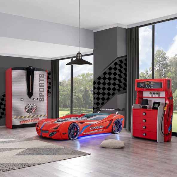 Çocuk Odası - Mercedes Rüzgarlıklı Arabalı Yatak - Sport 3 Kapılı Dolap, Şifonyer - Kırmızı ürün görseli 1