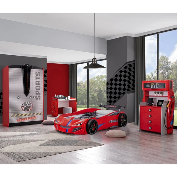 Çocuk Odası - Jaguar Rüzgarlıklı Arabalı Yatak - Sport 3 Kapılı Dolap, Masa, Şifonyer - Kırmızı ürün görseli 1