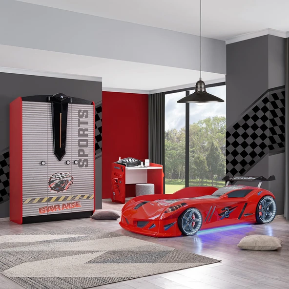Çocuk Odası - Jaguar Rüzgarlıklı Arabalı Yatak - Sport 3 Kapılı Dolap, Masa - Kırmızı ürün görseli 1