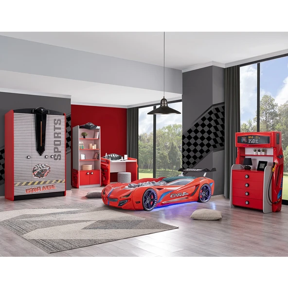 Çocuk Odası - Mercedes Arabalı Yatak - Sport 3 Kapılı Dolap, Masa, Şifonyer, Kitaplık - Kırmızı ürün görseli 1