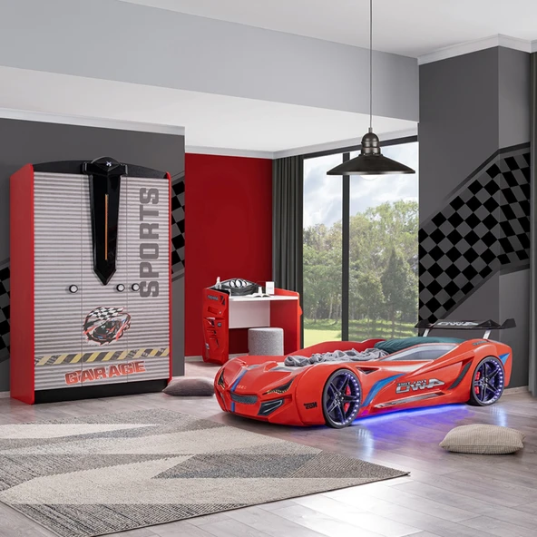 Çocuk Odası - Mercedes Rüzgarlıklı Arabalı Yatak - Sport 3 Kapılı Dolap, Masa - Kırmızı ürün görseli 1