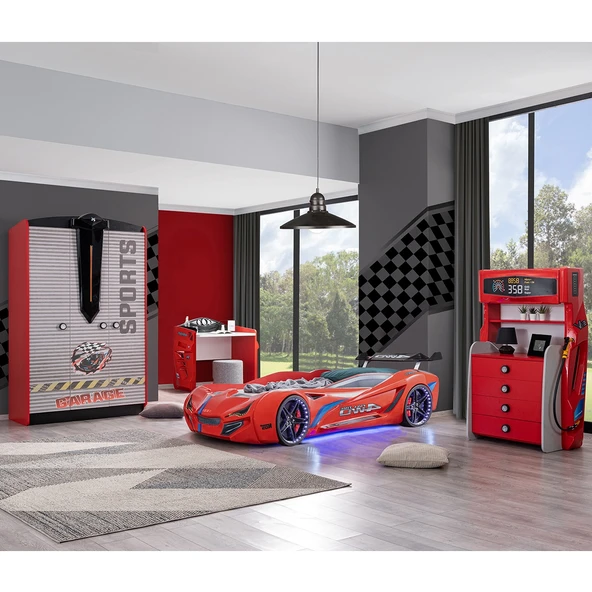 Çocuk Odası - Mercedes Rüzgarlıklı Arabalı Yatak - Sport 3 Kapılı Dolap, Masa, Şifonyer - Kırmızı ürün görseli 1