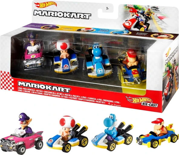 Hot Wheels Mario Kart Aracı 4'Lü Paket, 4'Lü Fan-Favorit Karakteri Seti, 1 Özel Model İçerir, 3 Yaş ürün görseli 1
