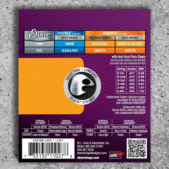 Elixir 11027 Nanoweb Phosphor Bronze Akustik Gitar Teli (11-52) - Resim 2