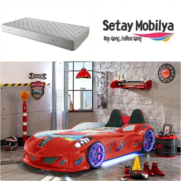 Arabalı Yatak, Jaguar Koltuklu Full Ledli Arabalı Yatak - Kırmızı 1 Adet Comfort Yatak ürün görseli 1