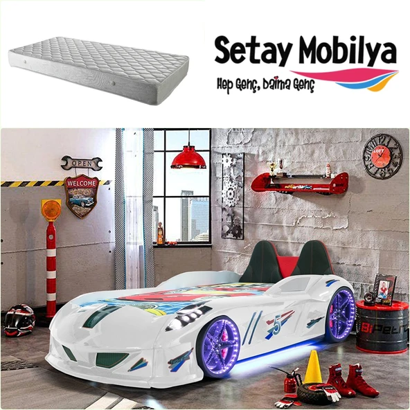 Arabalı Yatak, Jaguar Koltuklu Full Ledli Arabalı Yatak - Beyaz 1 Adet Comfort Yatak ürün görseli 1