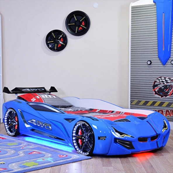 Arabalı Yatak, Mercedes Rüzgarlıklı Full Ledli Arabalı Yatak - Mavi ürün görseli 1