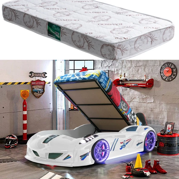 Arabalı Yatak, Jaguar Bazalı Koltuklu Full Ledli Arabalı Yatak - Beyaz 1 Adet Comfort Yatak ürün görseli 1