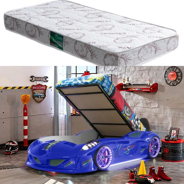Arabalı Yatak, Jaguar Bazalı Koltuklu Full Ledli Arabalı Yatak - Mavi 1 Adet Comfort Yatak ürün görseli 1