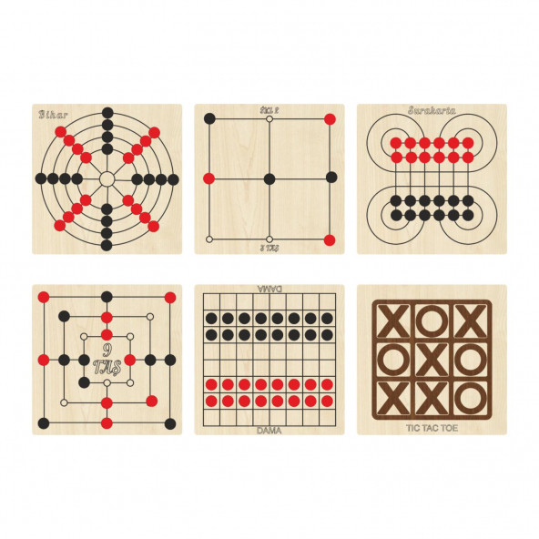 Ahşap Zeka ve Strateji Oyunu Seti 6 lı, Dama+3 Taş+9 Taş+Bihar+Surakarta ve Tic-Tac-Toe ürün görseli 1