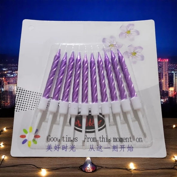 10 ADET MOR YÜKSEK KALİTE KIVRIMLI METALİK MOR MUM 8 CM MOR PASTA MUMU PARLAK MOR DOĞUM GÜNÜ MUMU ürün görseli 1