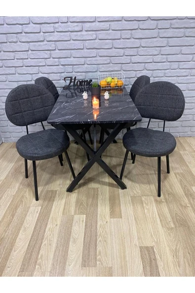 BAMBEDS MOBİLYA Masa Takımı, Yemek Masası, Mutfak Masası, Balkon Masası-70x110 Siyah 4 Sandalye Gri ürün görseli 1