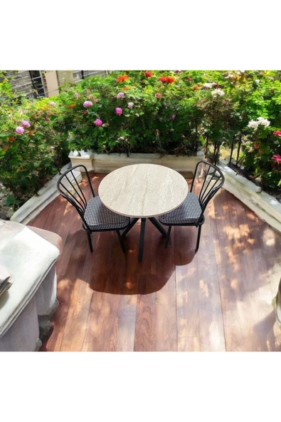 BAMBEDS MOBİLYA 70x70 Trevertan Yuvarlak Balkon Masa Ahtapot Ayak Güneş Sandalye 2 Adet ürün görseli 1