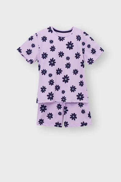Mor Papatya Desenli T-Shirt-Şort Kız Çocuk Pijama Takımı ürün görseli 1