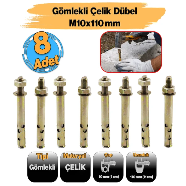 Saplamalı Gömlek Çelik Dübel M10x110 mm Raf Montaj Bağlantı Zemin Monte Tavan Asma Aparat 8 Adet ürün görseli 1