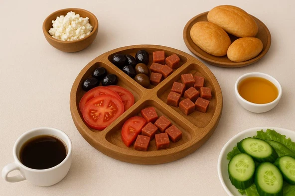 Doğal Ahşap Çerezlik ve Kahvaltılık – 4 Bölmeli Sunum Tabağı T9 ürün görseli 1