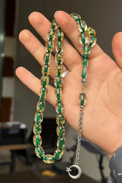 Altın Varaklı Yeşil Renk Badem Kesim Toz Kehribar Tesbih ürün görseli 1