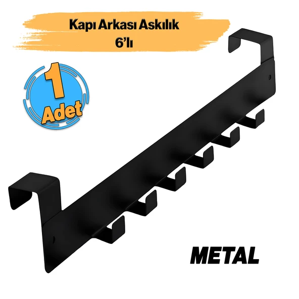Lamalı Kapı Arkası Askılık Elbise Havlu Asma Askı Metal 6'lı Oda Banyo Lavabo Kapısı Aparatı Siyah ürün görseli 1