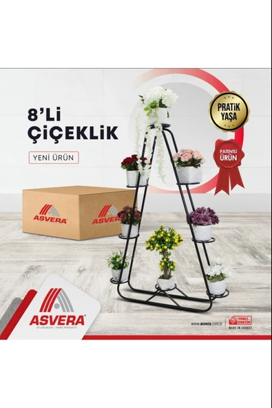 Asvera Üçgen 8 Katlı Büyük Boy Dekoratif Çiçeklik - Metal Dikey Bahçe Saksı Rafı Standı ürün görseli 1
