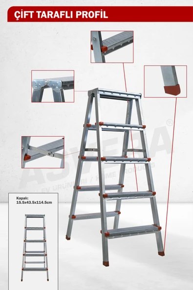 Asvera 5+5 Çift Çıkışlı A Tipi Katlanabilir Profil Merdiven - Çift Taraflı Galvanizli Merdiven - Resim 3