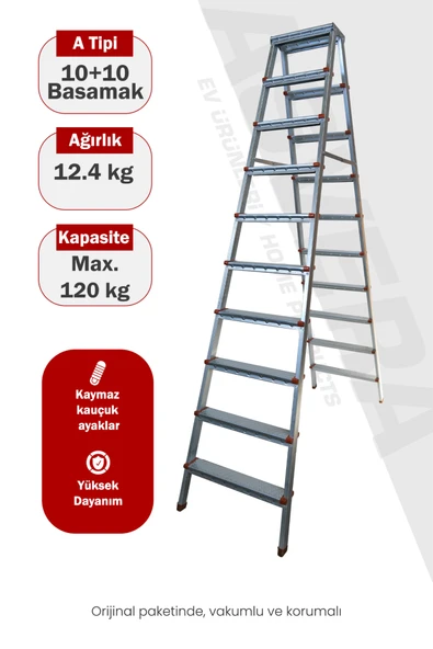 Asvera 10+10 Çift Çıkışlı A Tipi Katlanabilir Profil Merdiven - Çift Taraflı Galvanizli Merdiven ürün görseli 1