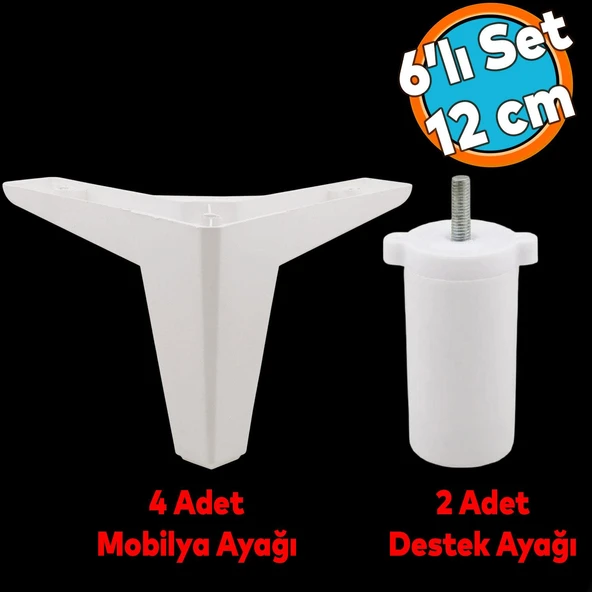 Mobilya Tv Ünitesi Çekyat Koltuk Kanepe Destek Baza Ayağı 12 Cm Beyaz Ayakları 6'lı Set ürün görseli 1