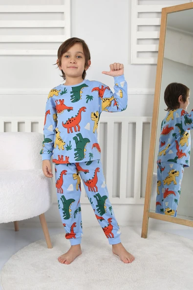 Dinozor Desenli Erkek Çocuk Pijama Takımı Yeşil 3-8 Yaş ürün görseli 1
