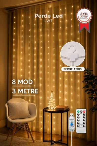 Perde LED Işık 300 LED 10 Sarkıt 8 Modlu Uzaktan Kumandalı 3x3 Metre Peri Telli Torima LW7 ürün görseli 1
