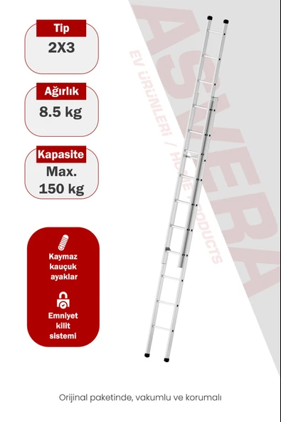 Asvera Endüstriyel 6 Metre 2 Parçalı Alüminyum Merdiven - 1.4 mm Sürgülü Profesyonel Merdiven ürün görseli 1