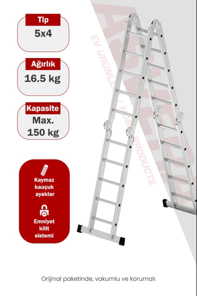 Asvera 5.8 Metre Çok Amaçlı Akrobat Merdiven - 20 Basamaklı 4x5 Katlanır Profesyonel Merdiven ürün görseli 1