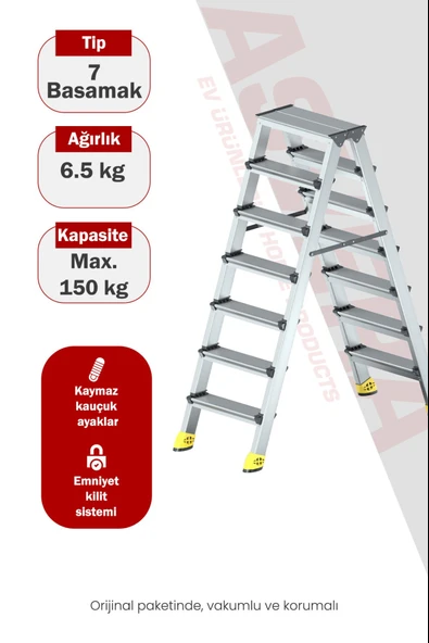Asvera Alüminyum 7+7 Çift Çıkışlı A Tipi Merdiven - Hafif ve Paslanmaz Çift Taraflı Merdiven ürün görseli 1
