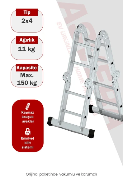 Asvera 2.7 Metre Çok Amaçlı Akrobat Merdiven - 8 Basamaklı 4x2 Katlanır Profesyonel Merdiven ürün görseli 1