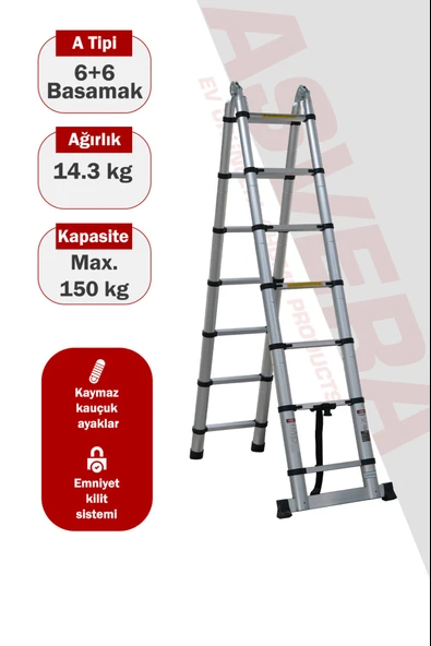 Asvera 3.8 Metre Akıllı Uzayan A Tipi Teleskopik Merdiven - 6+6 Basamaklı Katlanır Merdiven ürün görseli 1