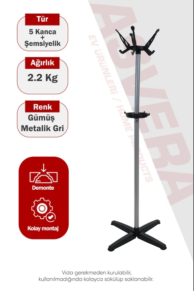 Asvera 33-006 Portatif Ayaklı Portmanto Askılık - Ekonomik Demonte Elbise Ve Şapka Askısı ürün görseli 1