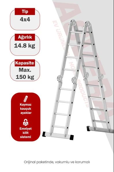 Asvera 4.7 Metre Çok Amaçlı Akrobat Merdiven - 16 Basamaklı 4x4 Katlanır Profesyonel Merdiven ürün görseli 1