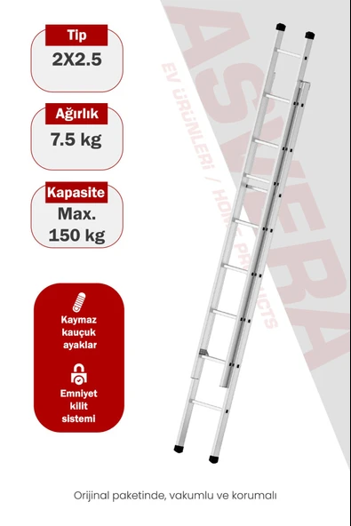 Asvera Endüstriyel 5 Metre 2 Parçalı Alüminyum Merdiven - 1.4 mm Sürgülü Profesyonel Merdiven ürün görseli 1