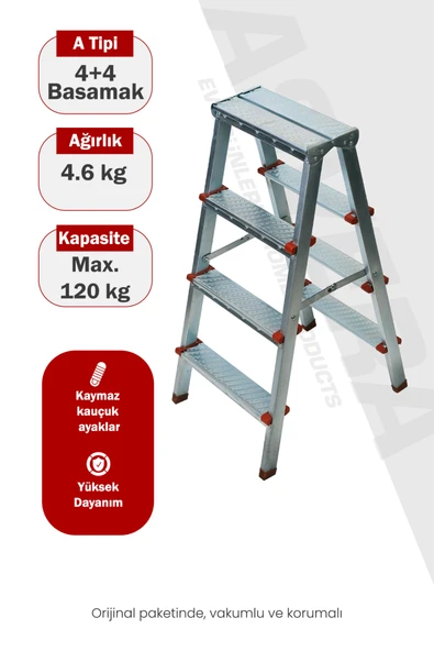 Asvera 4+4 Çift Çıkışlı A Tipi Katlanabilir Profil Merdiven - Çift Taraflı Galvanizli Merdiven ürün görseli 1