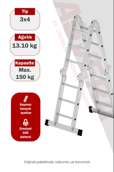 Asvera 3.7 Metre Çok Amaçlı Akrobat Merdiven - 12 Basamaklı 4x3 Katlanır Profesyonel Merdiven ürün görseli 1