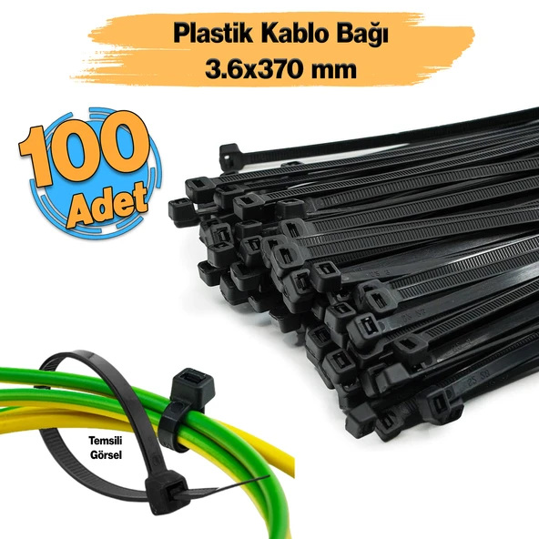 Cırt Kelepçe 3,6x370 mm Plastik 100 Adet Siyah Renk Zip Kablo Bağı Çok Amaçlı Bağlama Uzun ürün görseli 1