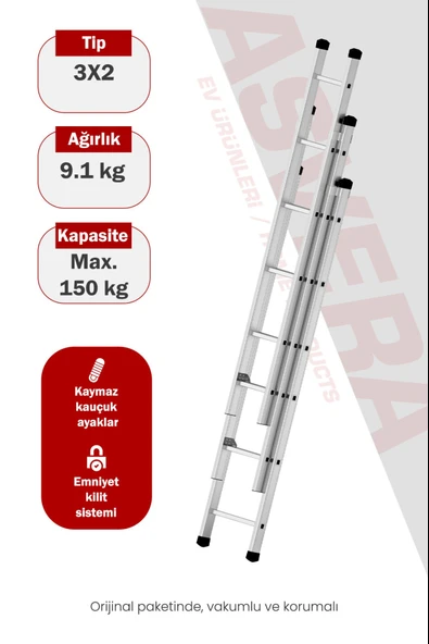 Asvera Endüstriyel 6 Metre 3 Parçalı Alüminyum Merdiven - 1.4 mm Sürgülü Profesyonel Merdiven ürün görseli 1